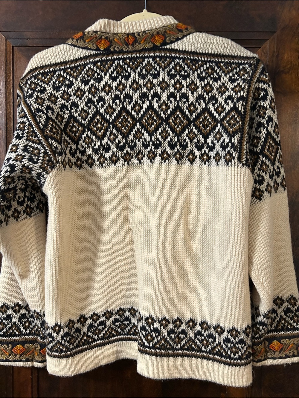 Norwegian Cream Fair Isle Knit Cardigan with Black and Orange Trim - Vintage - Picture 3 of 7